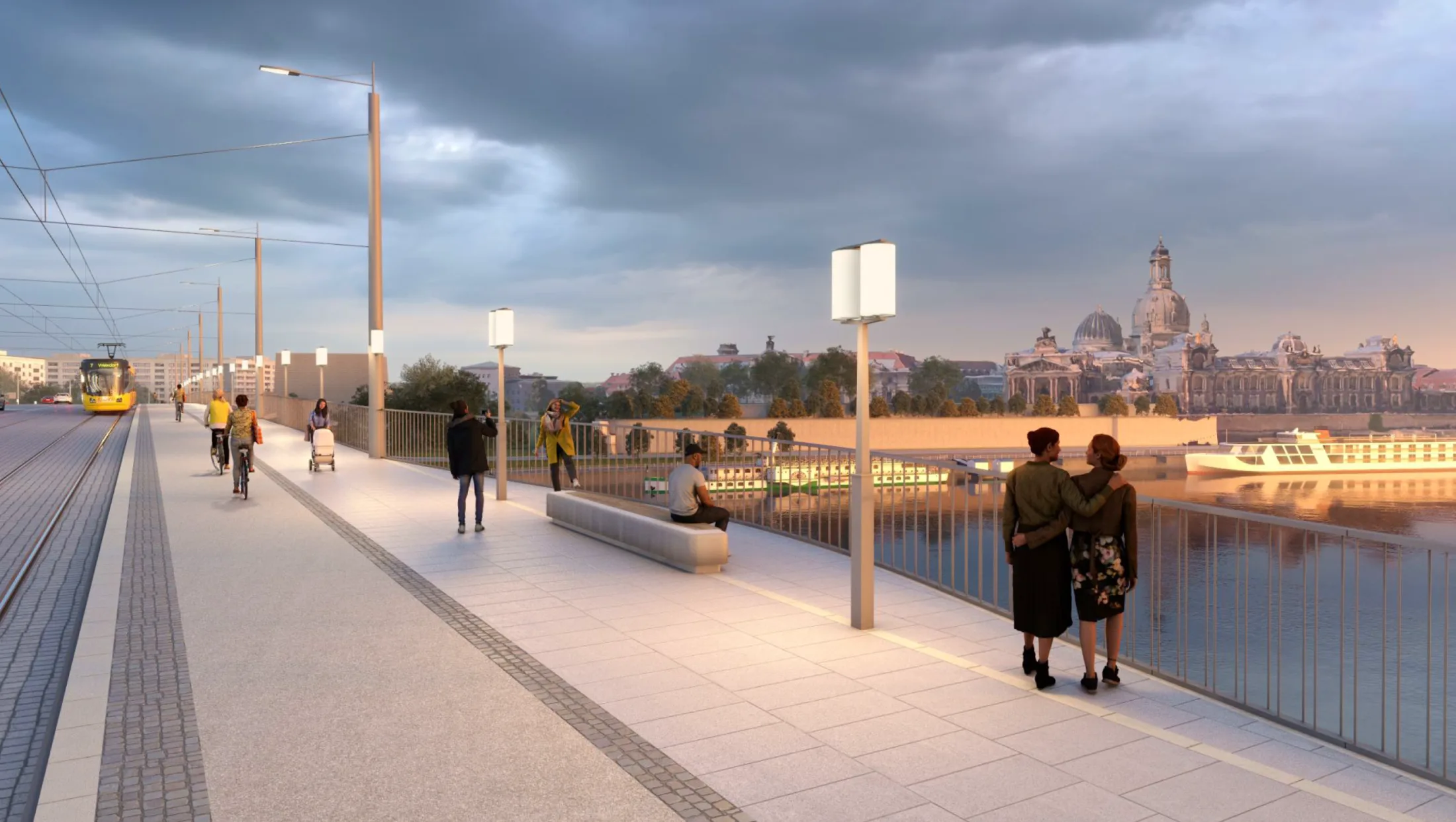 Stadtbalkone der neuen Carolabrücke Dresden mit Blick auf die Altstadt