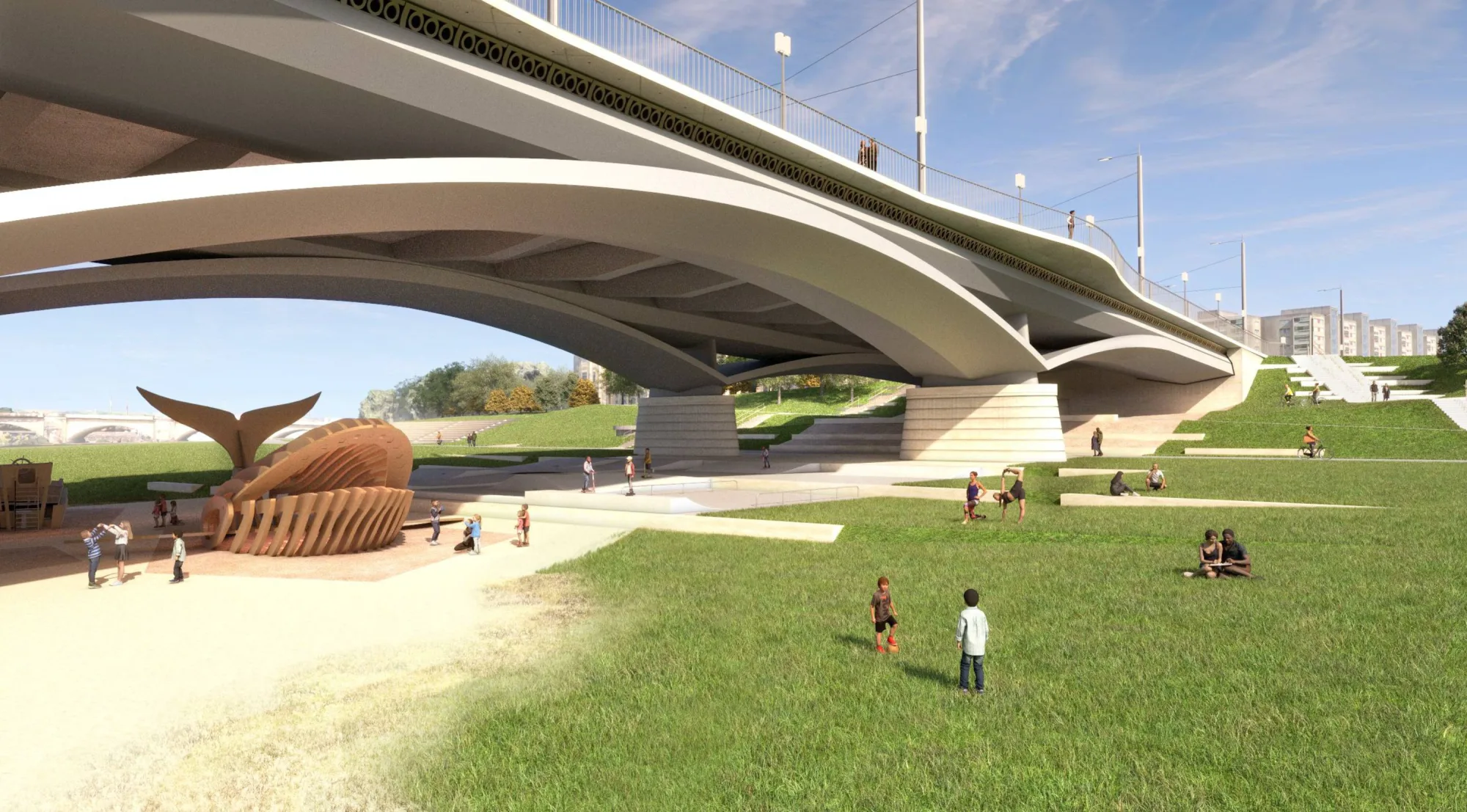 Spielen und Skaten unter der Brücke, Neustadt